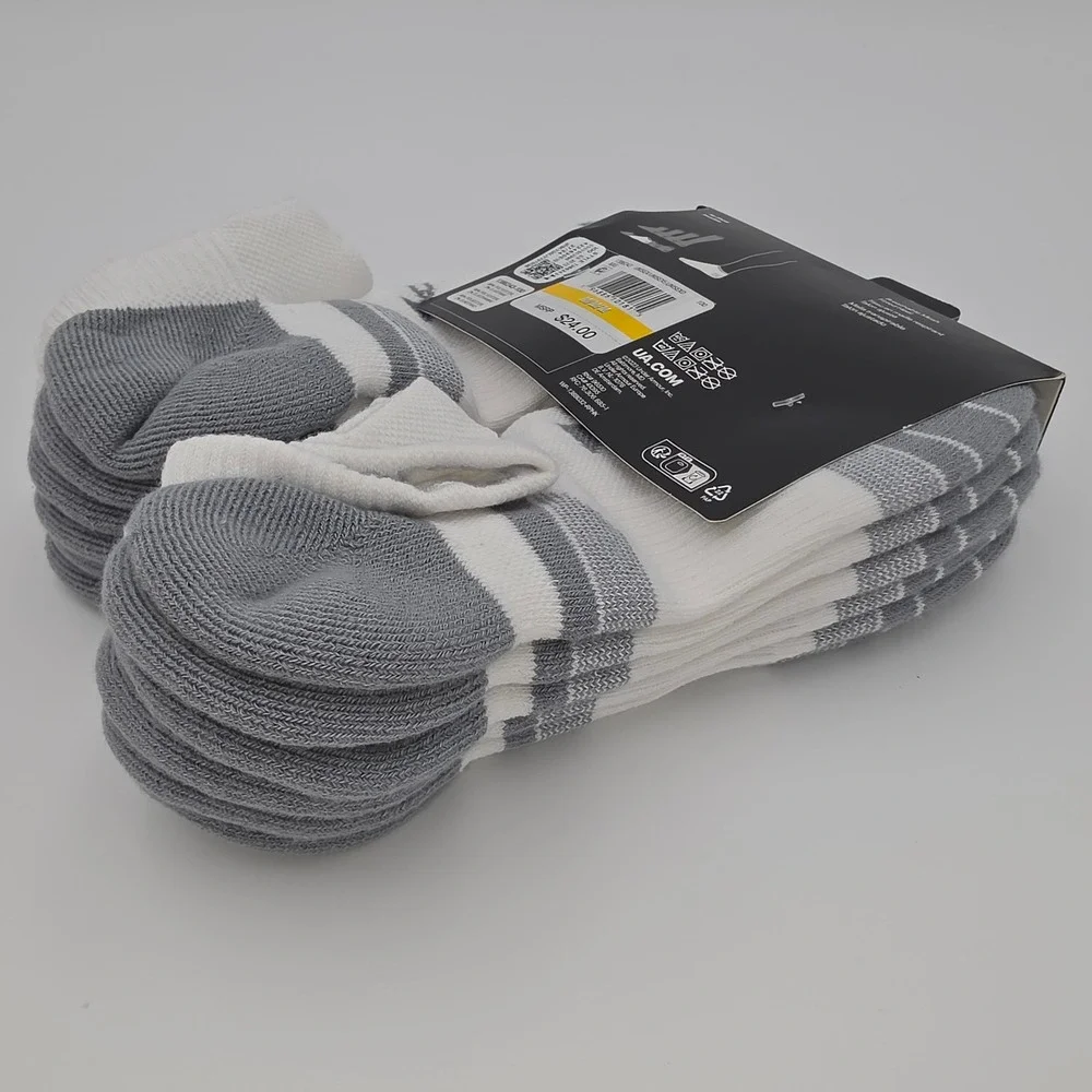 Under Armour Mens Performance Tech No Show Socks 6 Pk White Grey 1386243-100 NWT